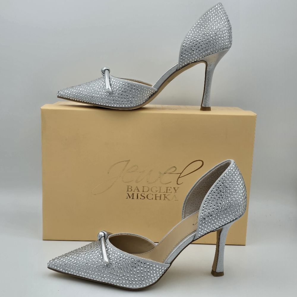 NIB Jewel Badgley Terresa D'Orsay Stiletto Pumps, Silver Textile, Women's Size 7 - Picture 6 of 16